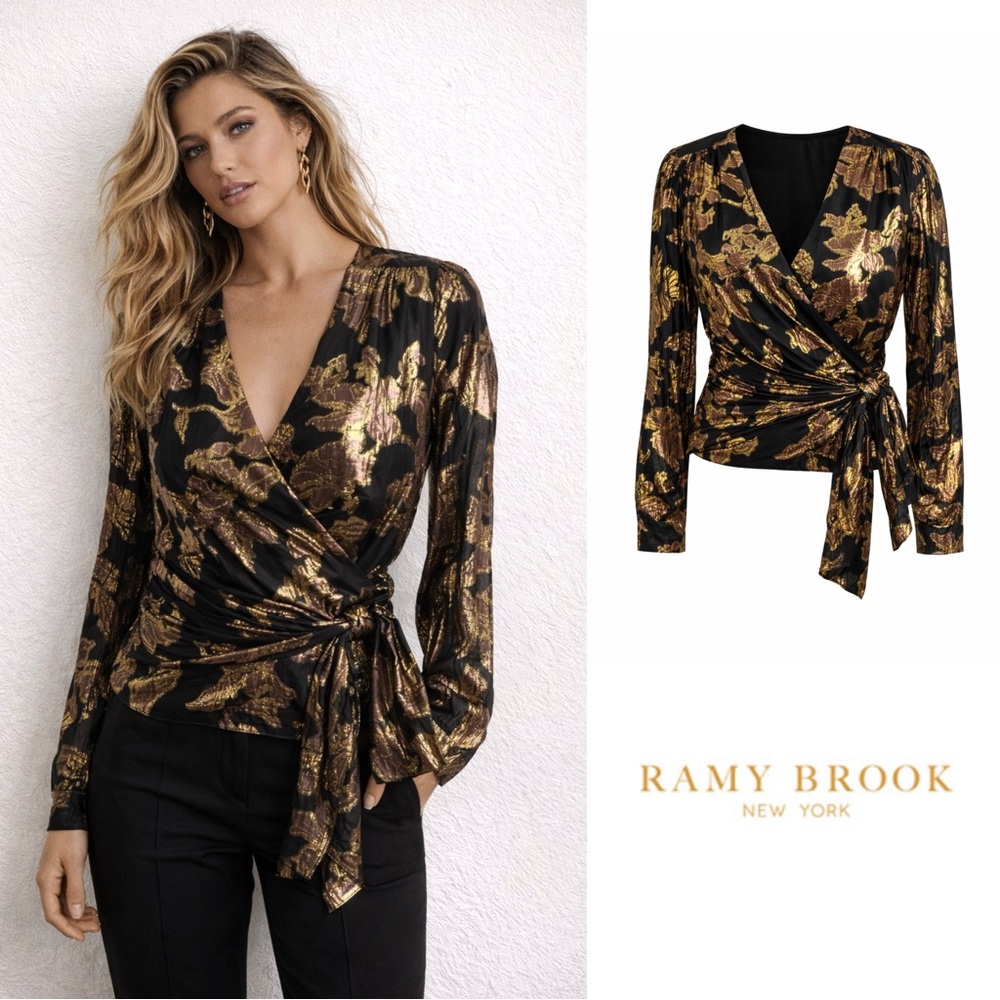 NEW Ramy Brook Blair Metallic Wrap Tie Blouse